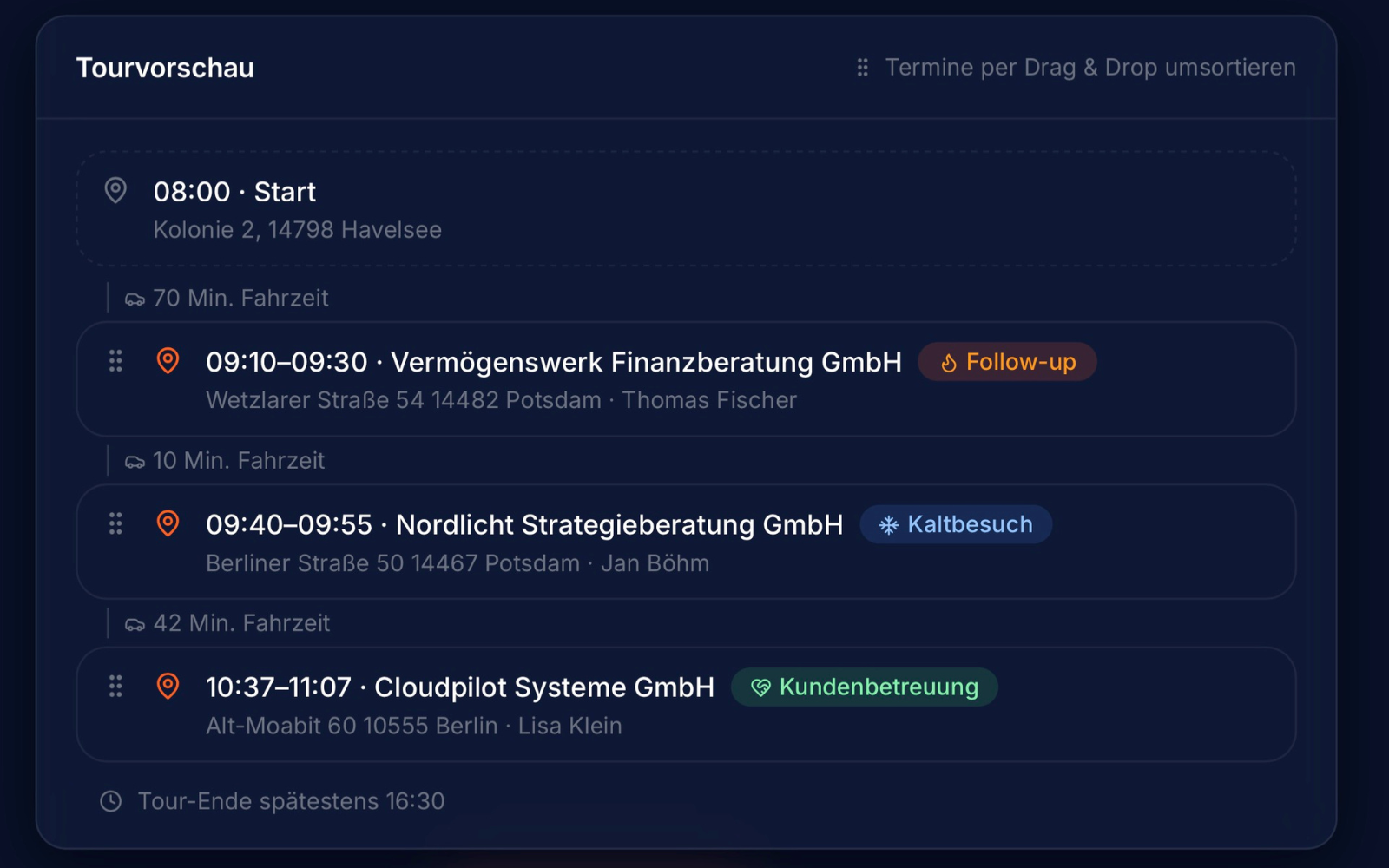 Tourenplanung im ApexLead-pro CRM: Karte mit geplanter Tagesroute